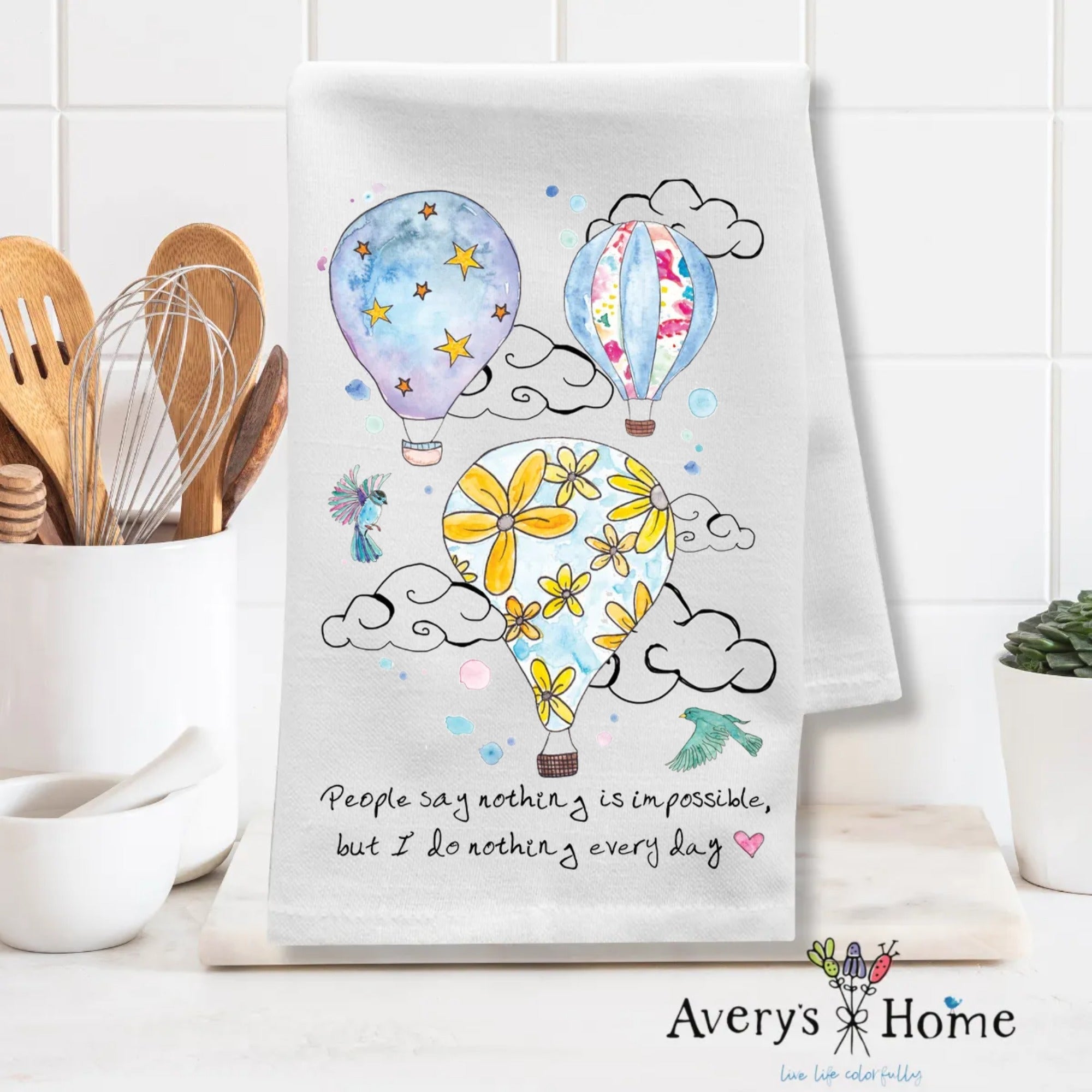 Hot Air Balloon Quote dish towel folded, 27x27 flour sack cotton