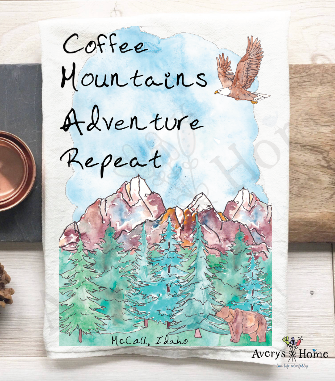 Coffee Mountains Adventure Repeat dish towel detail