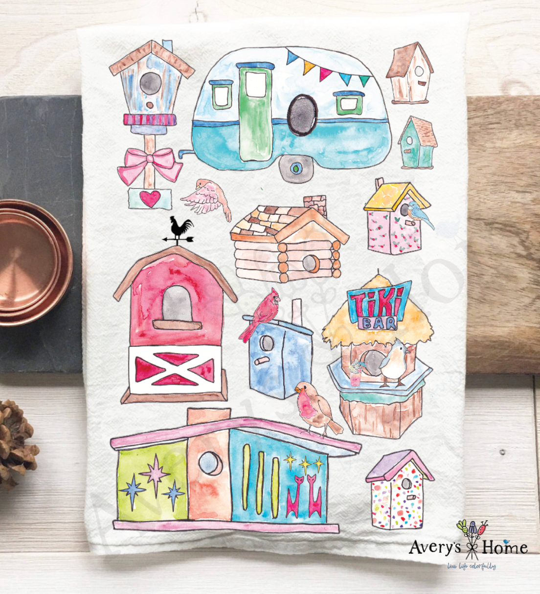 Birdhouses flour sack dish towel, art by Avery Jackson