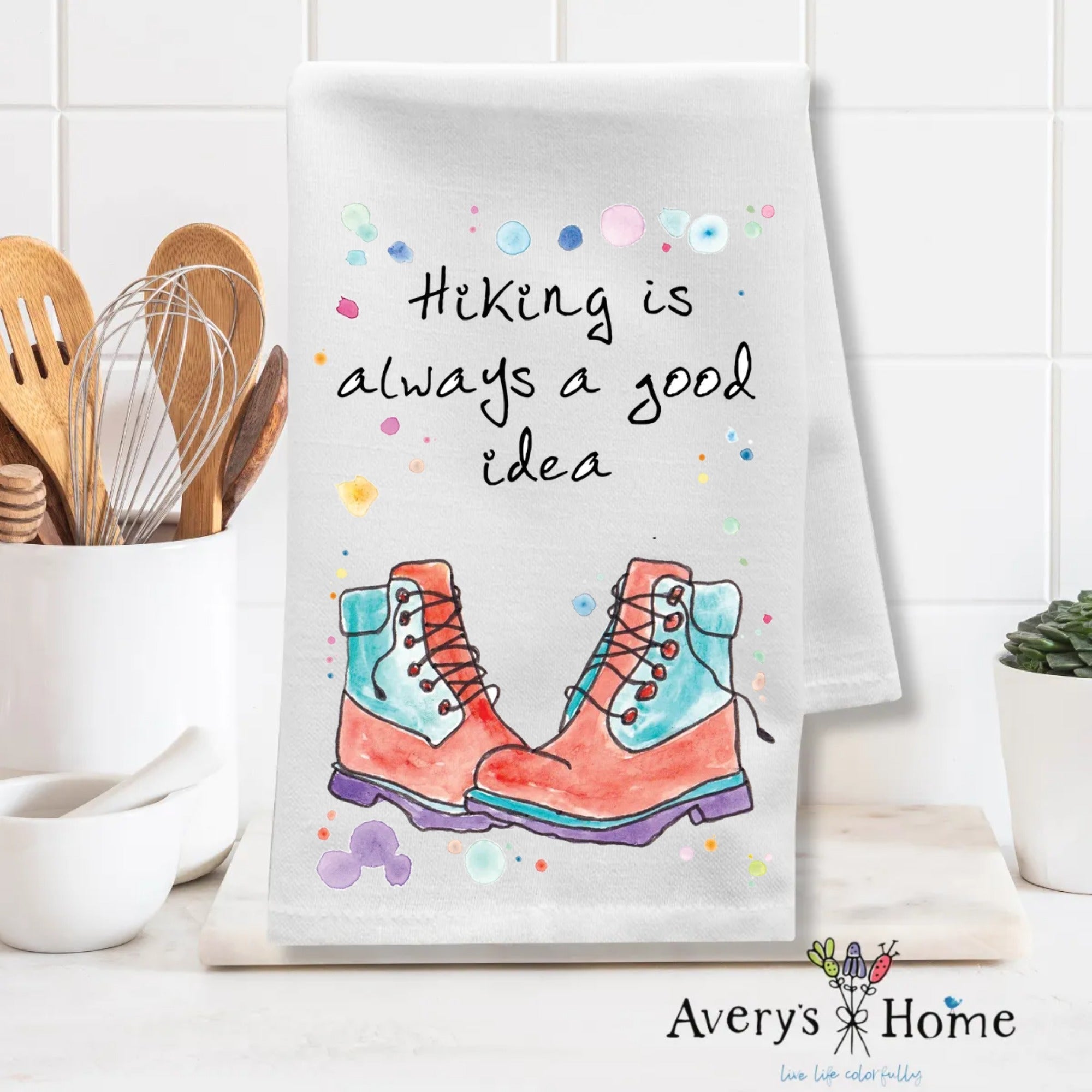 Hiking is Always a Good Idea dish towel folded, 27x27 flour sack cotton