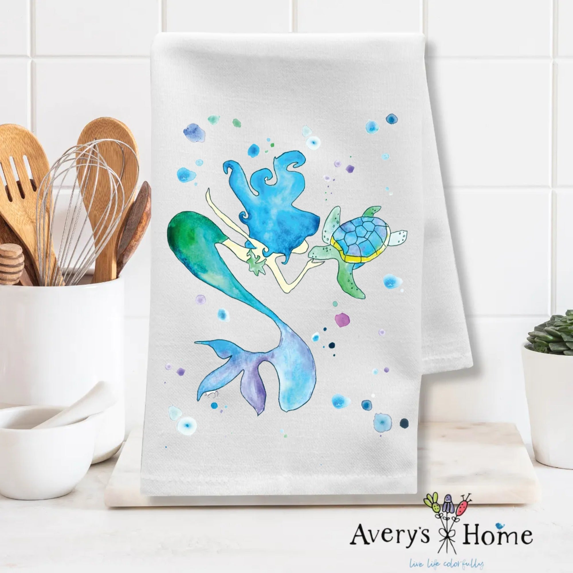Mermaid and Turtle dish towel design detail
