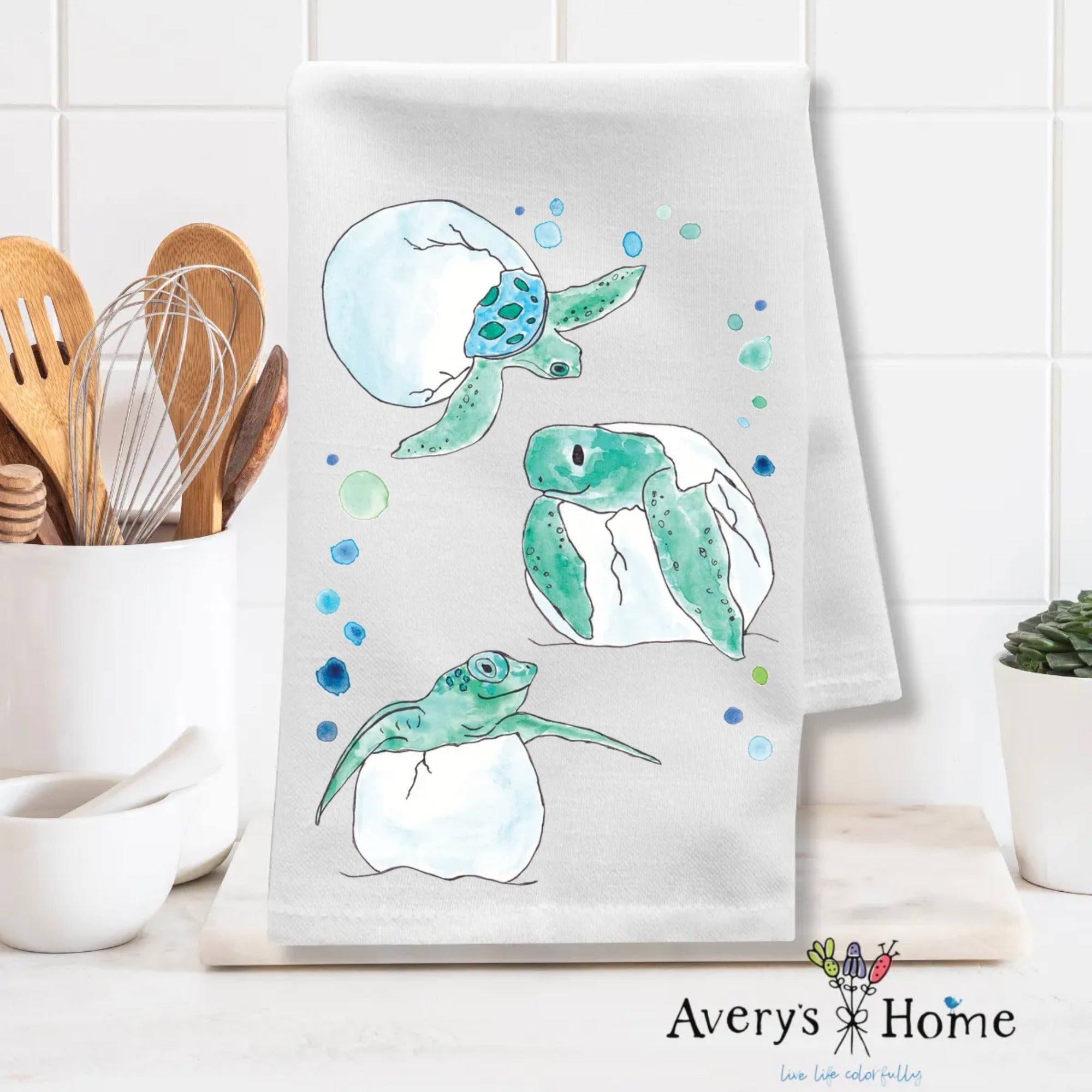 Baby Turtle Eggs dish towel folded, 27x27 flour sack cotton