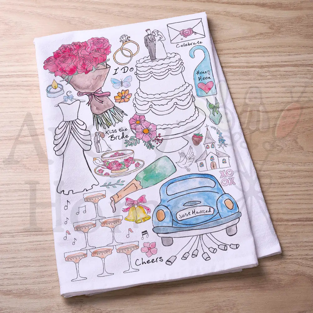 Wedding Day Celebration flour sack dish towel, art by Avery Jackson