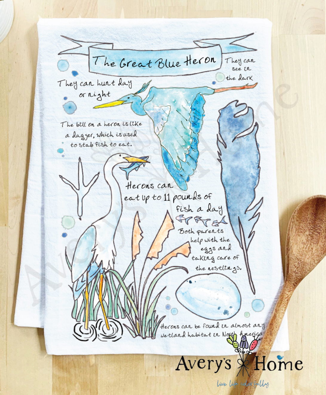 Blue Heron Bird Facts flour sack dish towel, art by Avery Jackson
