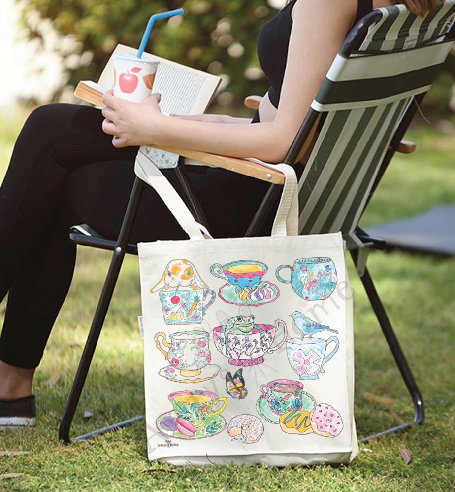 Teacups and Critters cotton tote bag, art by Avery Jackson