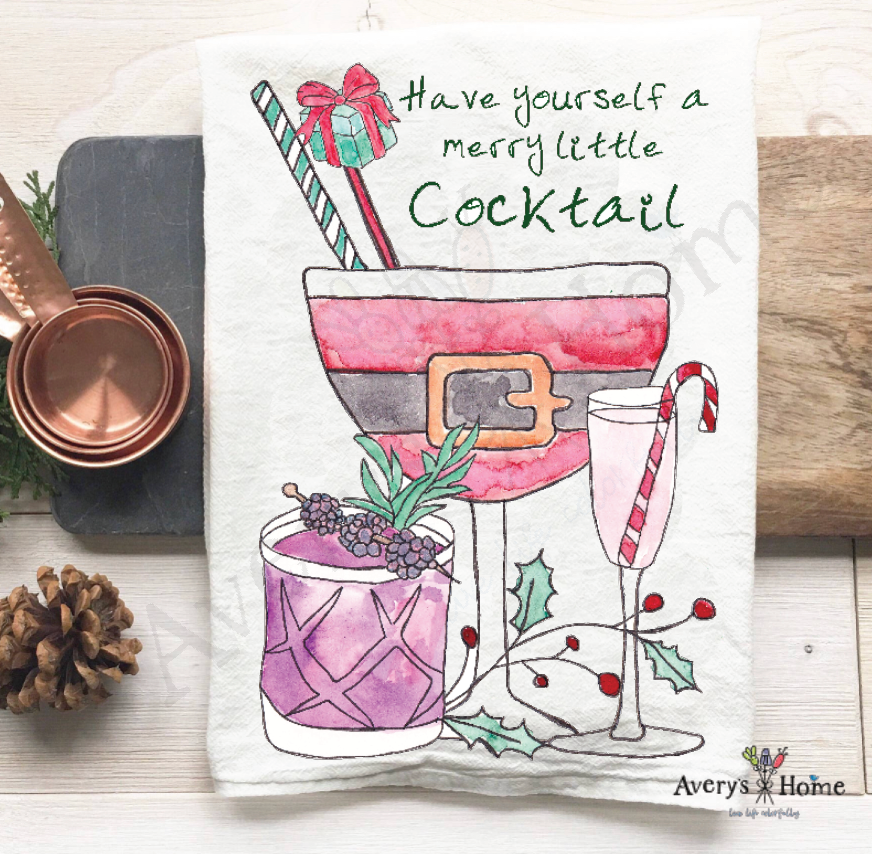 Have Yourself a Merry Cocktail Christmas flour sack dish towel, art by Avery Jackson