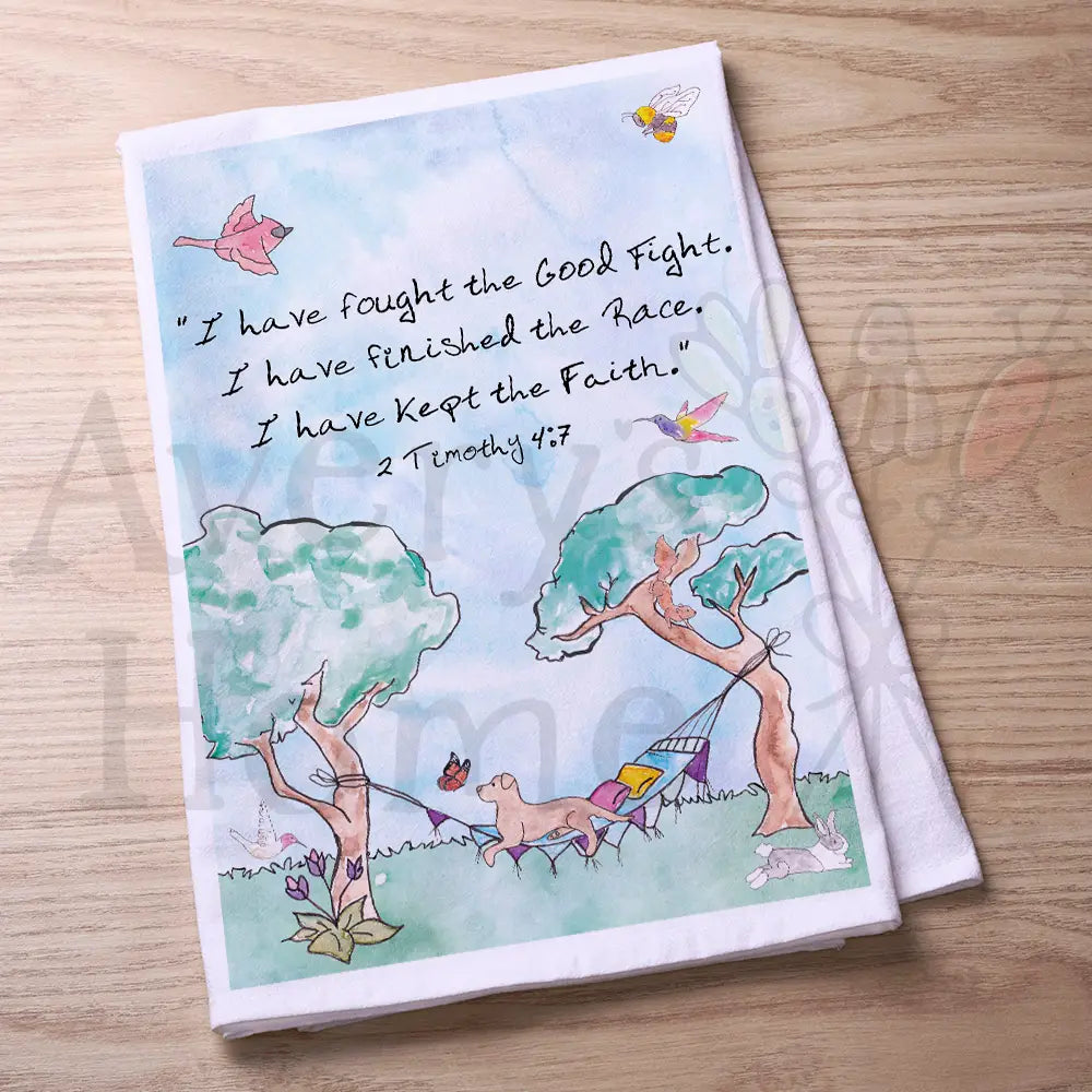 I Have Fought the Good Fight 2 Timothy 4:7 flour sack dish towel, art by Avery Jackson