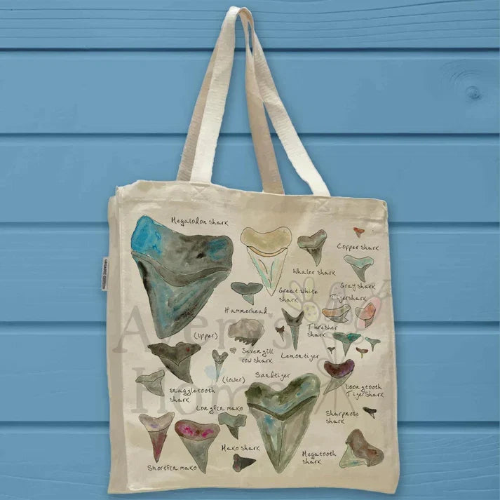 Shark Teeth Collector cotton tote bag, art by Avery Jackson