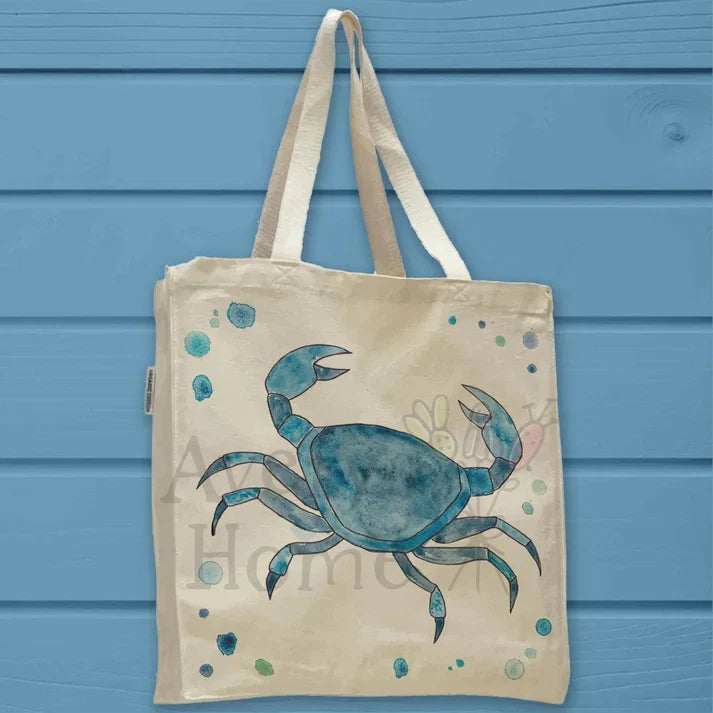 Navy Stone Crab cotton tote bag, art by Avery Jackson