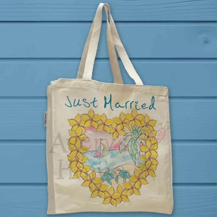Just Married cotton tote bag, art by Avery Jackson