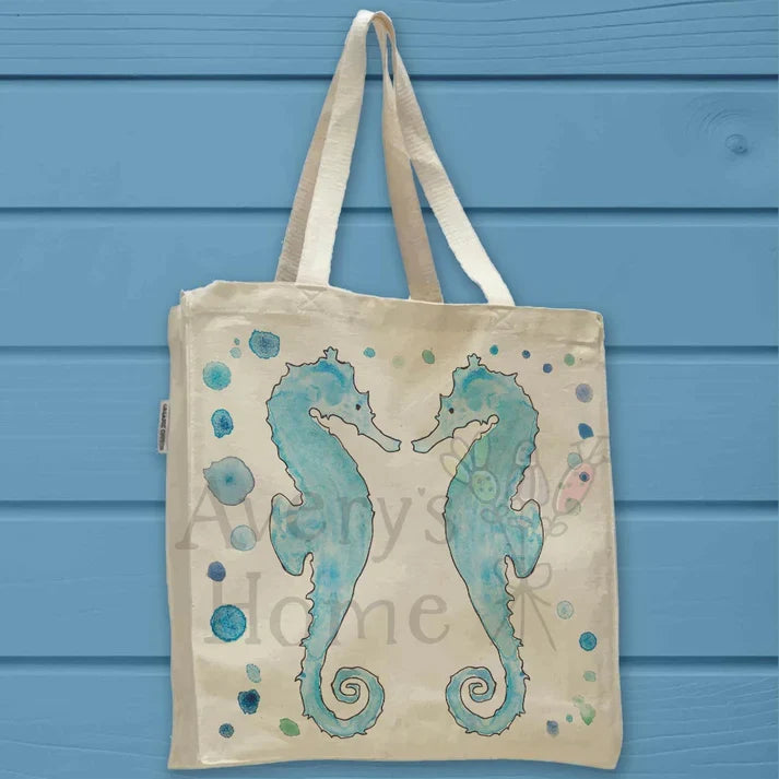 Seahorse cotton tote bag, art by Avery Jackson