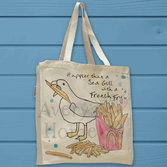 Seagull with a French Fry cotton tote bag, art by Avery Jackson