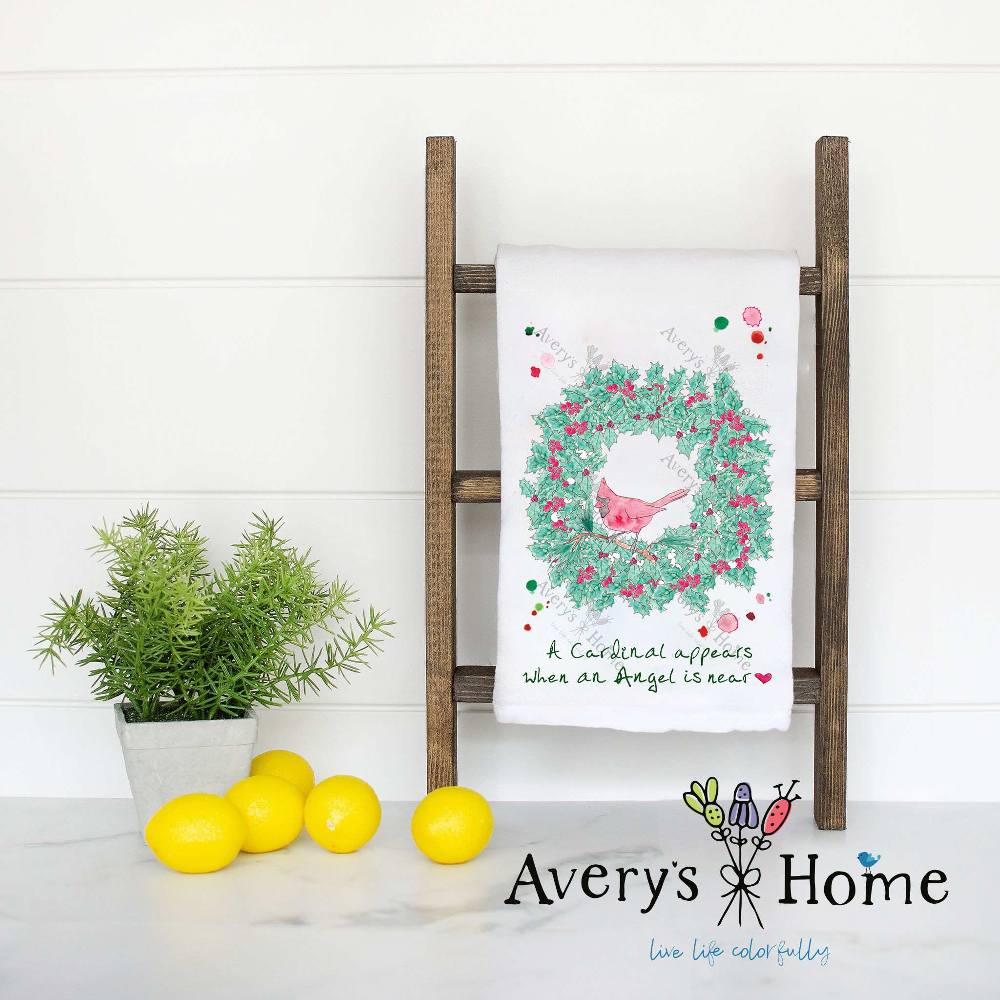 Cardinals Appear Christmas Wreath flour sack dish towel, art by Avery Jackson