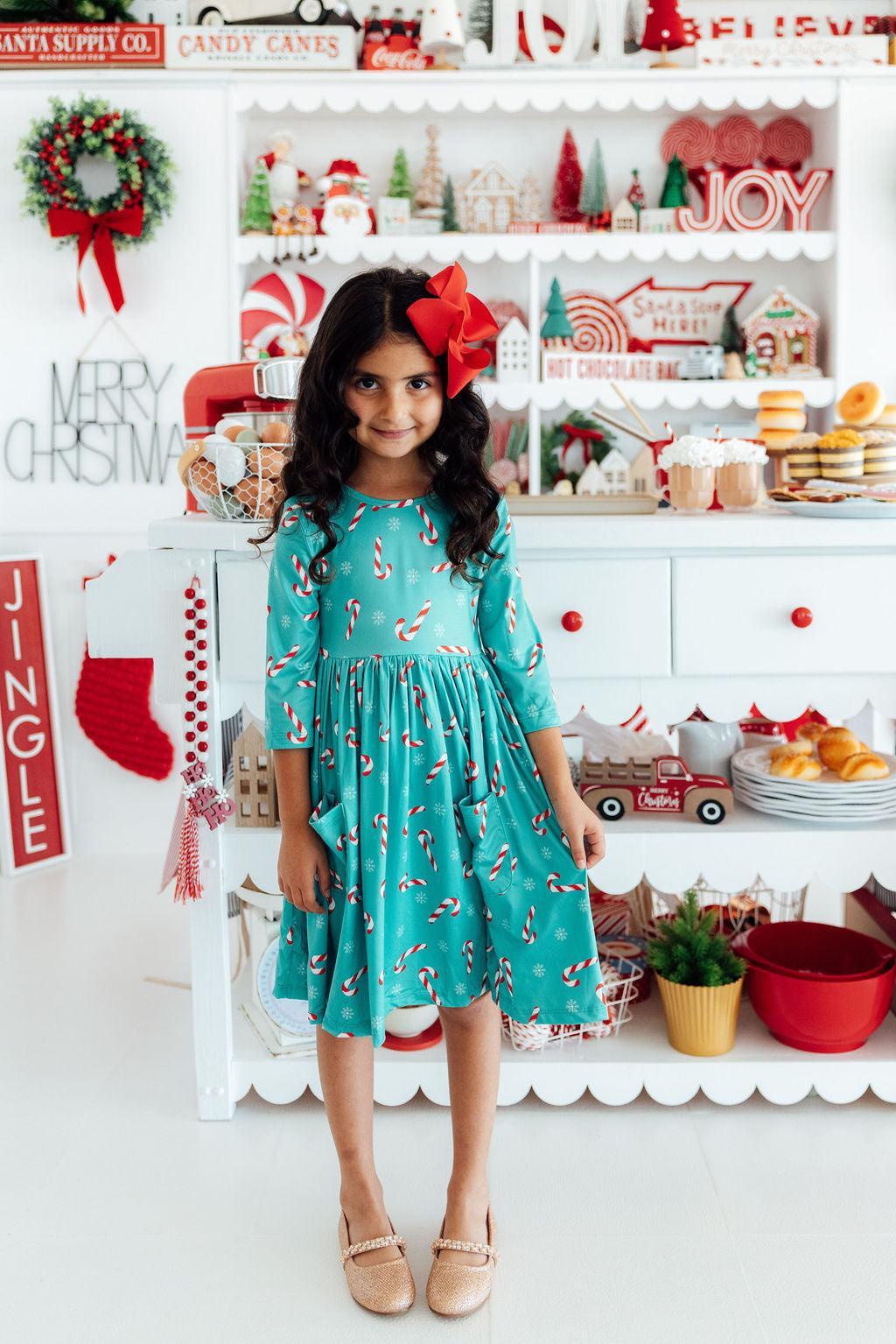 Christmas Candy 3/4 Sleeve Pocket Twirl Dress
