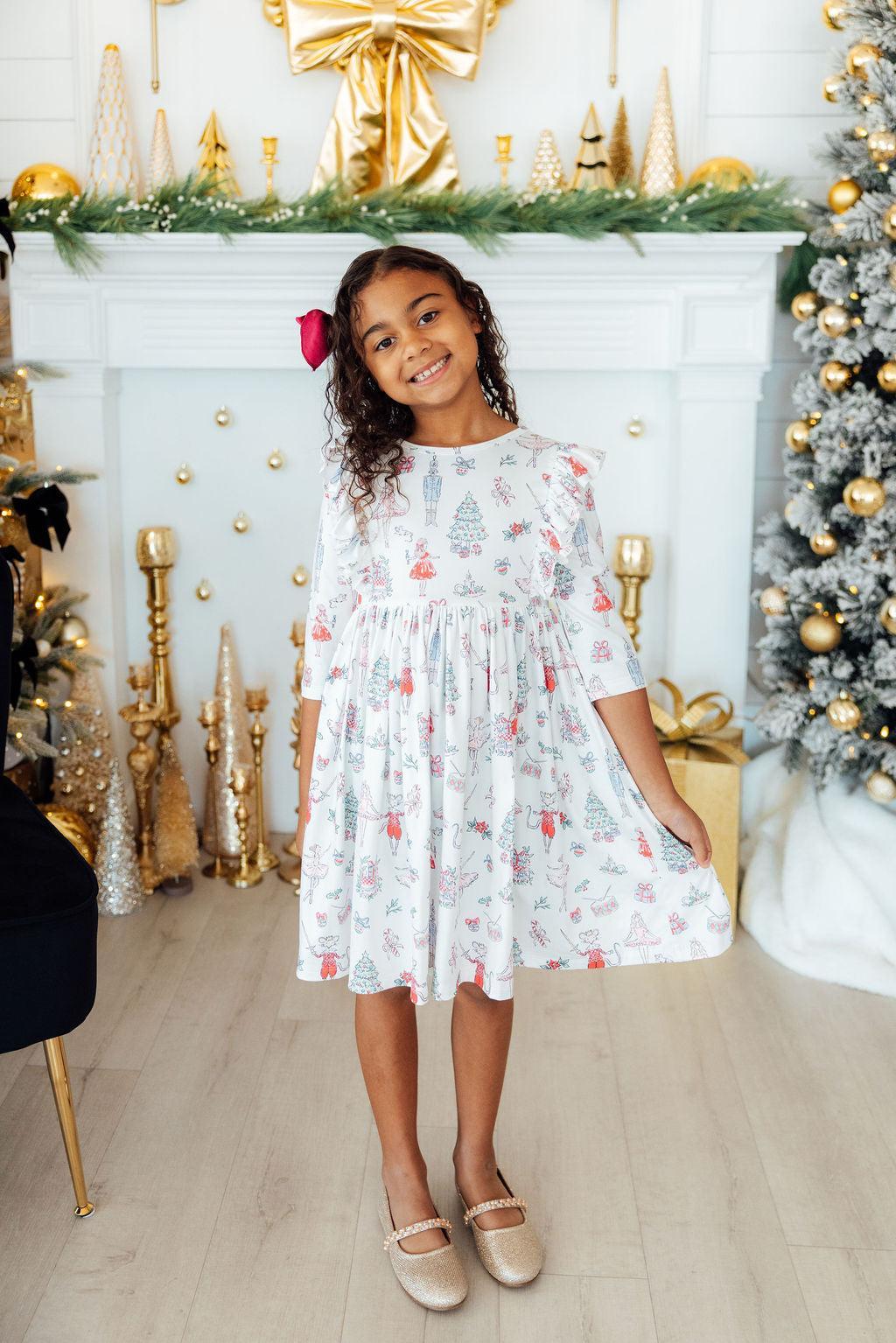 Clara's Christmas 3/4 Sleeve Ruffle Twirl Dress