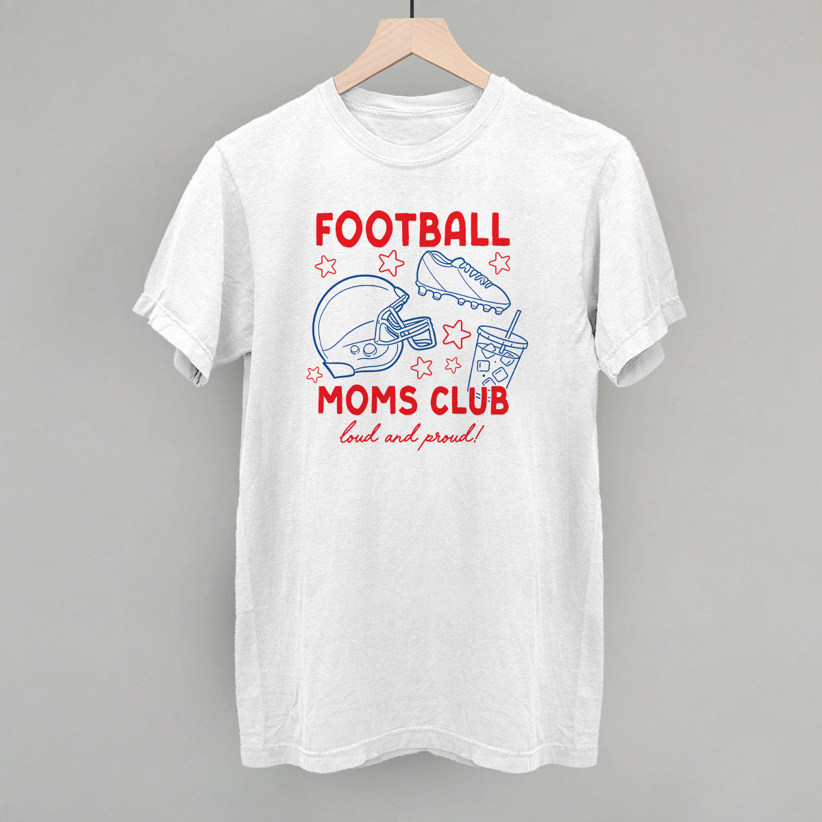 Football Moms Club doodle design on a white Comfort Colors tee