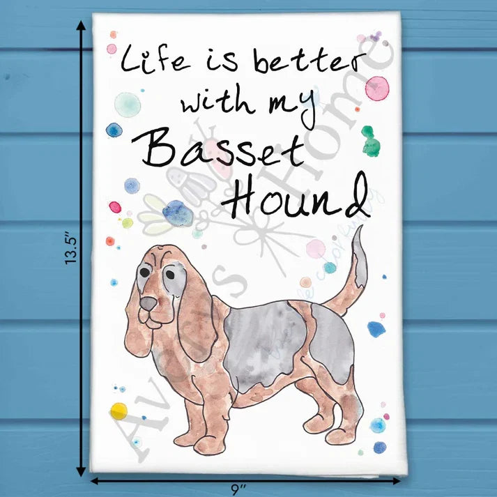 Basset Hound flour sack dish towel, art by Avery Jackson