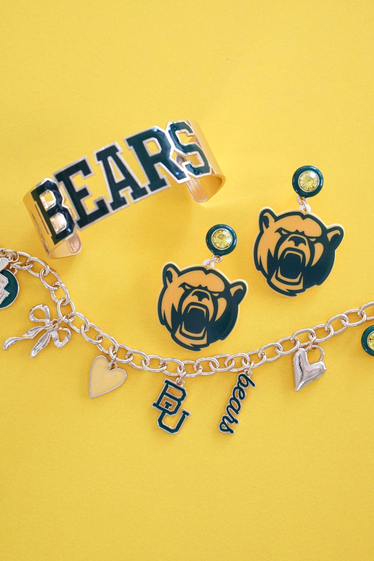 Baylor Bruiser Bear Resin Mascot Earrings in Green/Gold