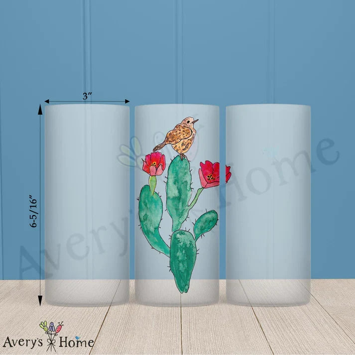 Flowering Cactus & Bird Frosted Drinking Glass