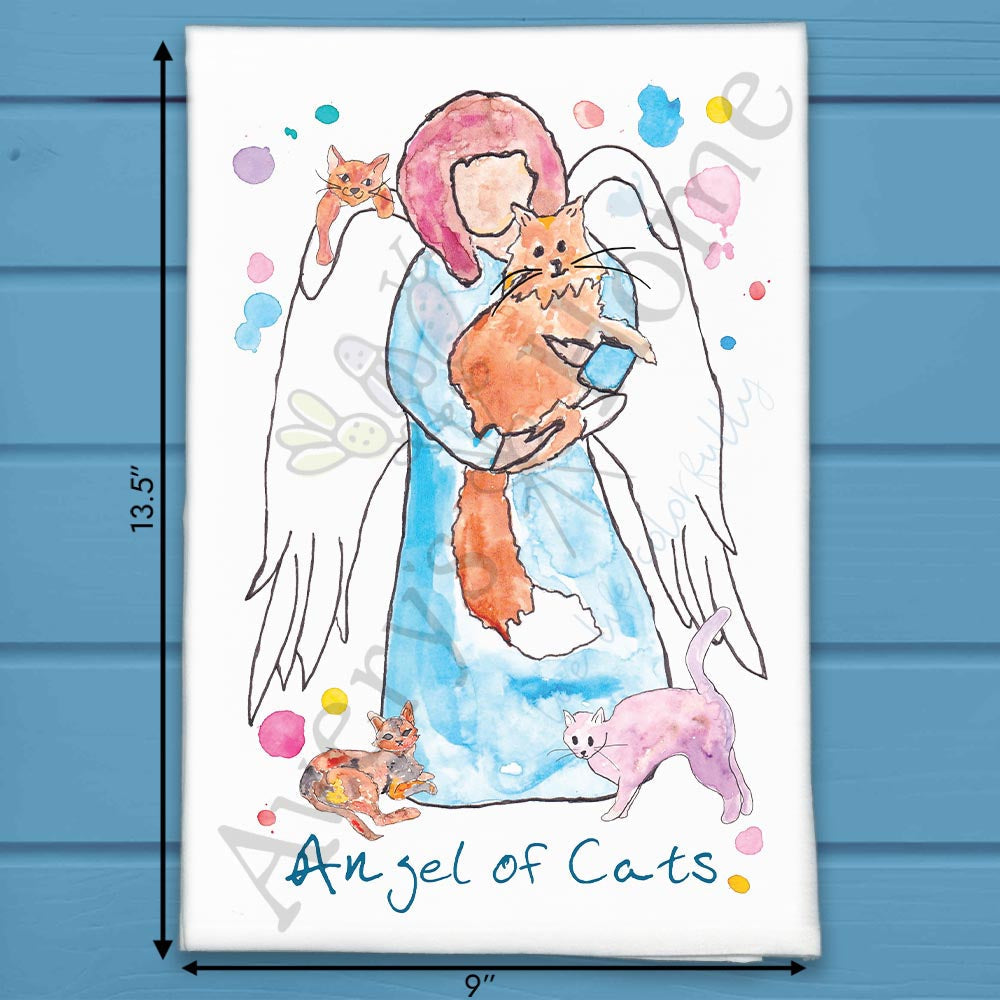 Angel of Cats flour sack dish towel, art by Avery Jackson