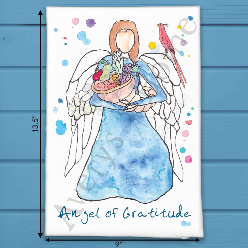 Angel of Gratitude flour sack dish towel, art by Avery Jackson