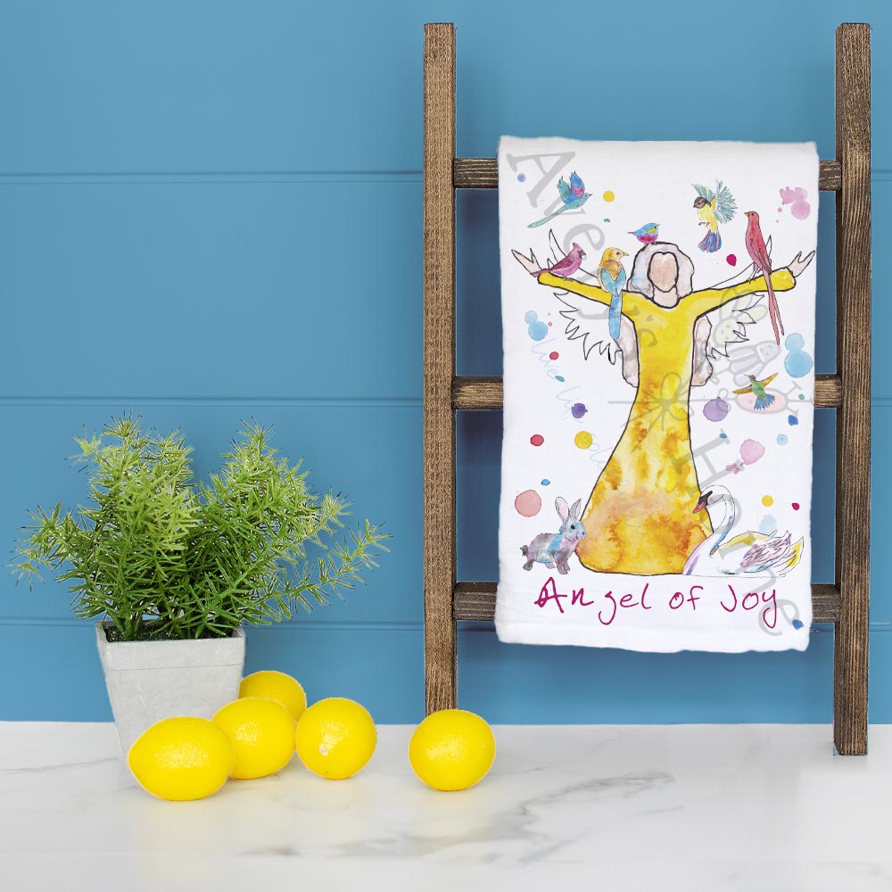 Angel of Joy dish towel folded, hemmed on all four sides