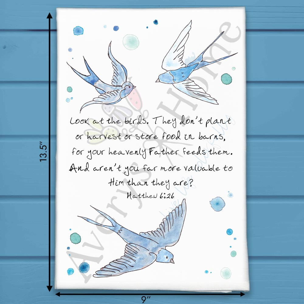 Our Lord Feeds the Birds Matthew 6:26 flour sack dish towel, art by Avery Jackson