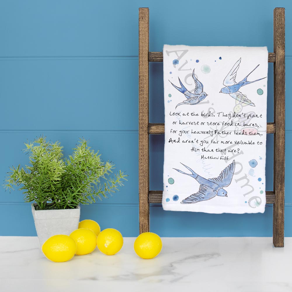 Our Lord Feeds the Birds Matthew 6:26 dish towel folded, hemmed on all four sides
