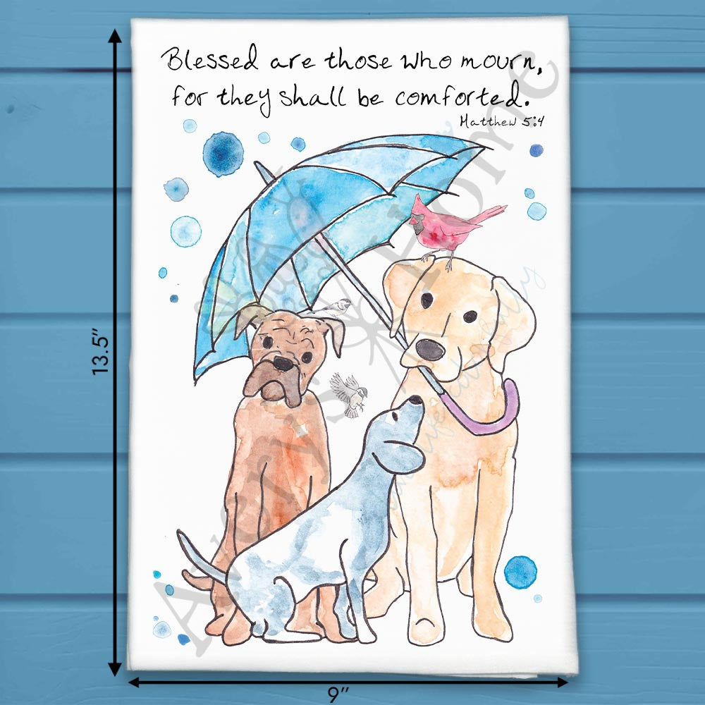 Sympathy Dog and Bird Matthew 5:4 flour sack dish towel, art by Avery Jackson