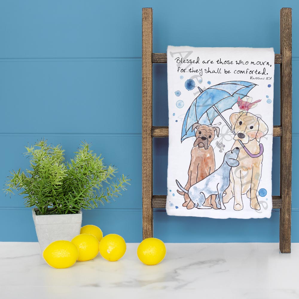 Sympathy Dog and Bird Matthew 5:4 dish towel folded, hemmed on all four sides
