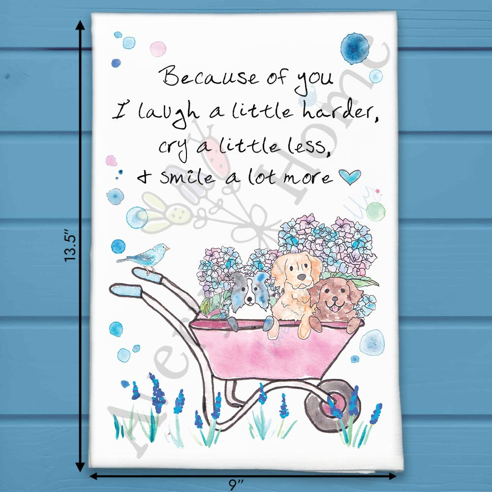Hydrangeas & Dogs flour sack dish towel, art by Avery Jackson