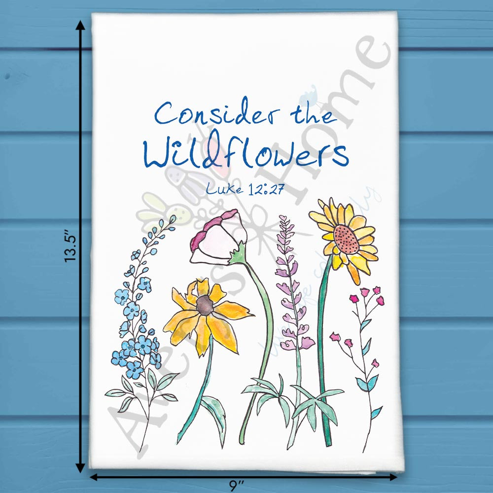 Consider the Wildflowers Luke 12:27 flour sack dish towel, art by Avery Jackson