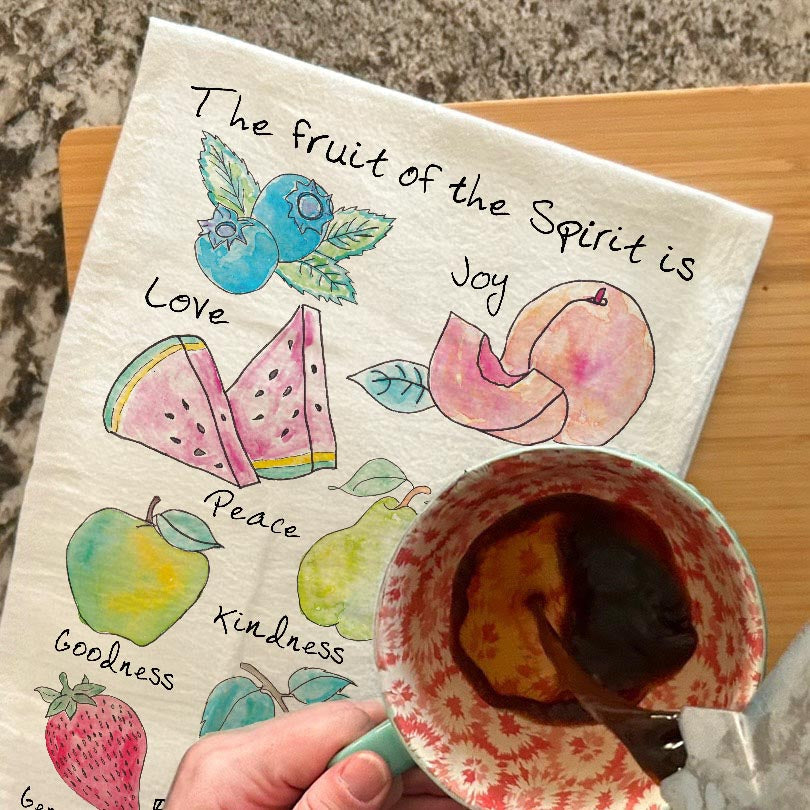 Fruit of the Spirit dish towel, 27x27 flour sack cotton