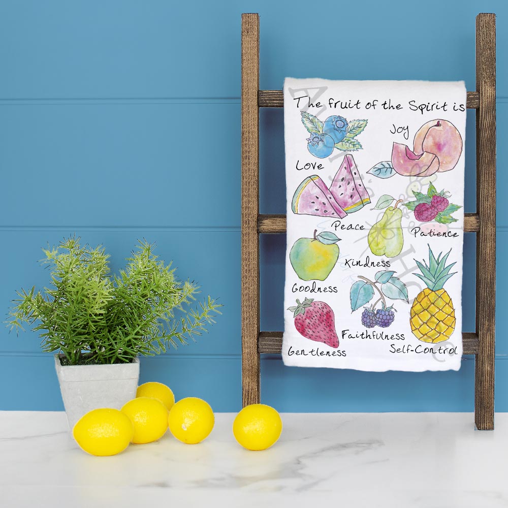Fruit of the Spirit dish towel folded, hemmed on all four sides