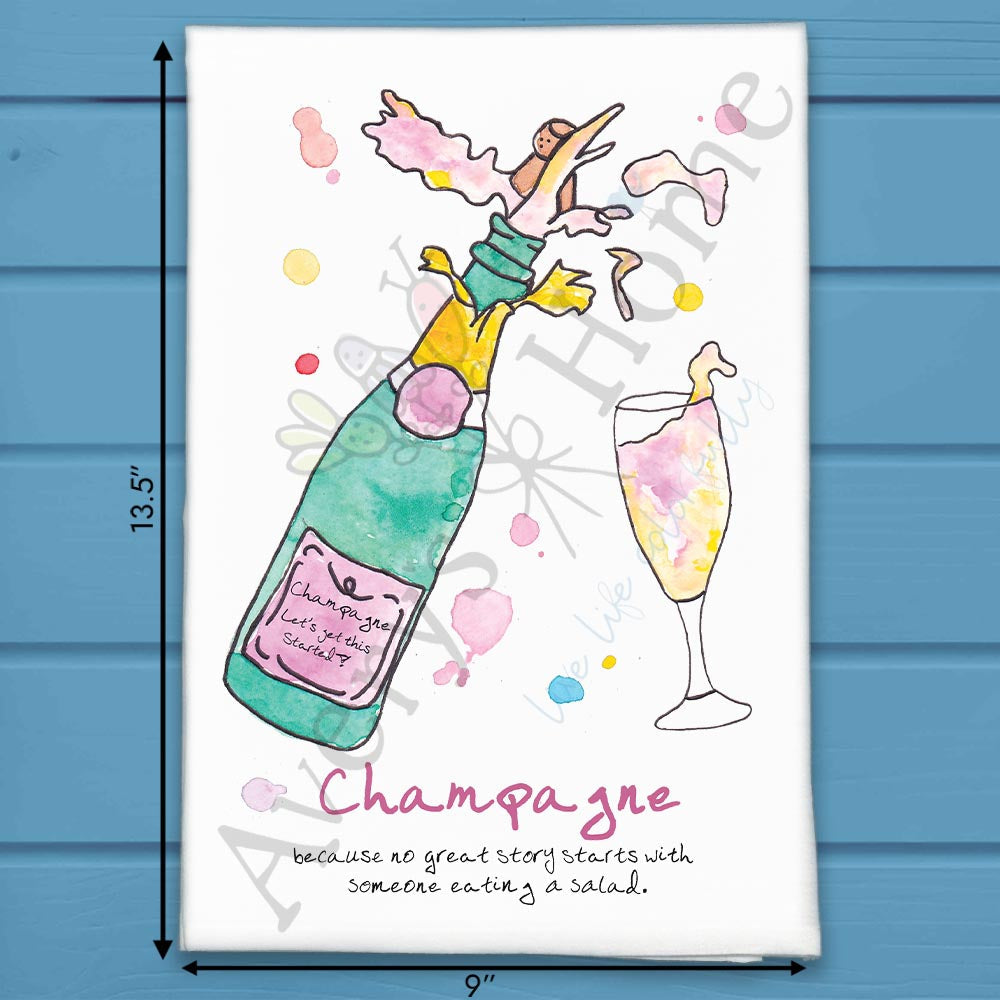 Pop the Champagne flour sack dish towel, art by Avery Jackson