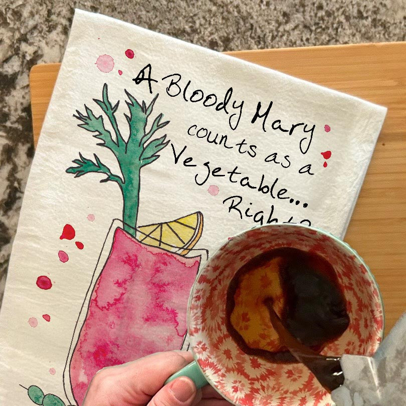 Bloody Mary dish towel, 27x27 flour sack cotton