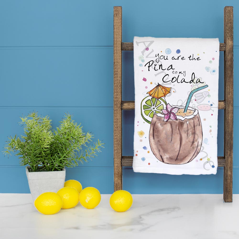 Pina Colada dish towel folded, hemmed on all four sides