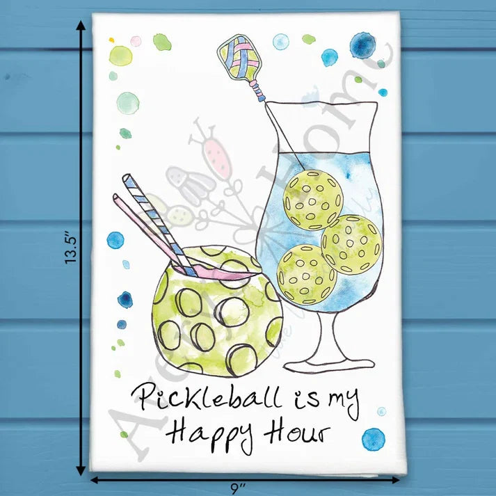Pickleball Happy Hour flour sack dish towel, art by Avery Jackson