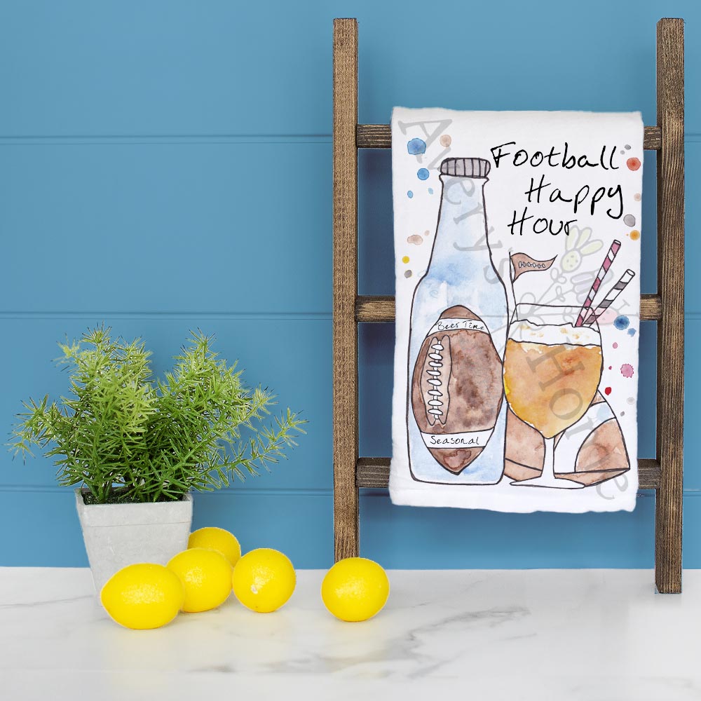 Football and Cocktails dish towel folded, hemmed on all four sides