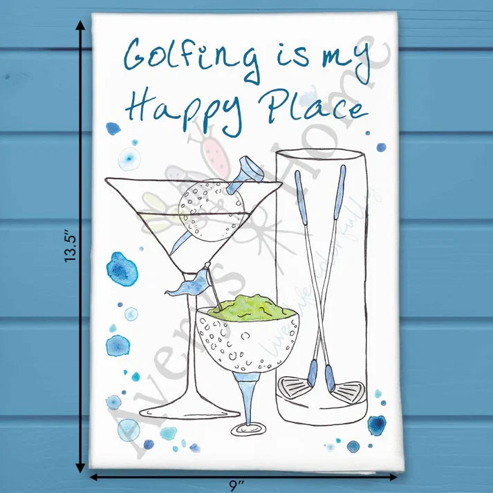 Golf is My Happy Place flour sack dish towel, art by Avery Jackson