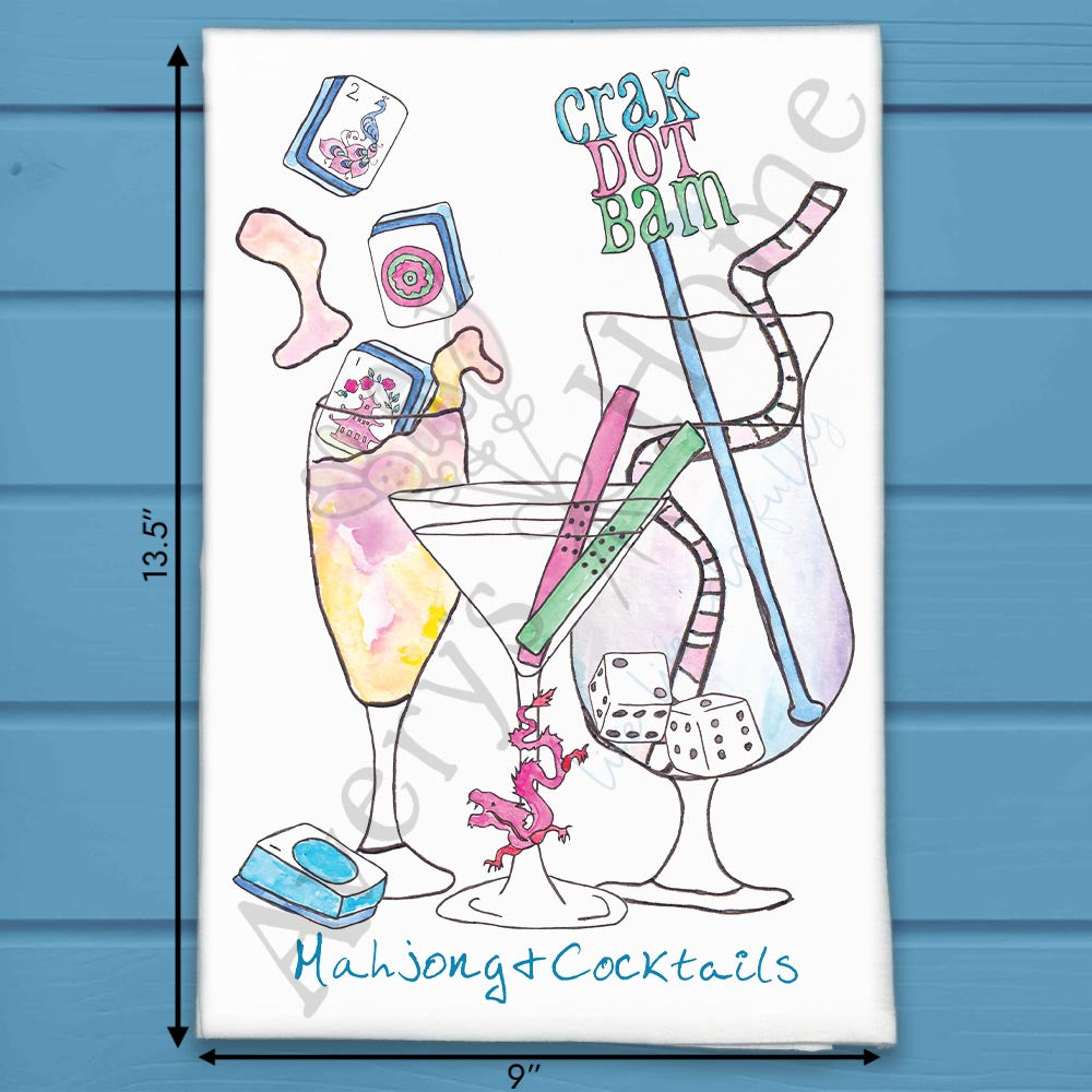Mahjong and Cocktails flour sack dish towel, art by Avery Jackson