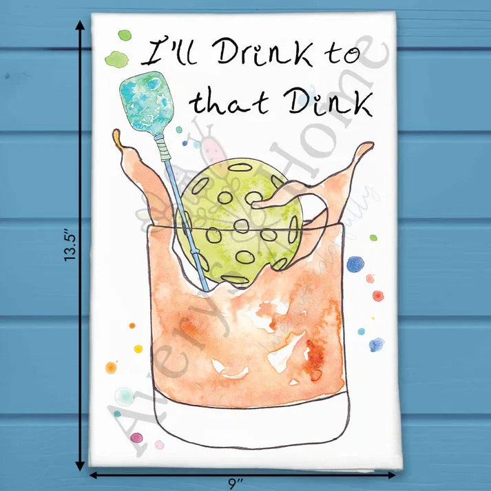 Pickleball and Dinks flour sack dish towel, art by Avery Jackson