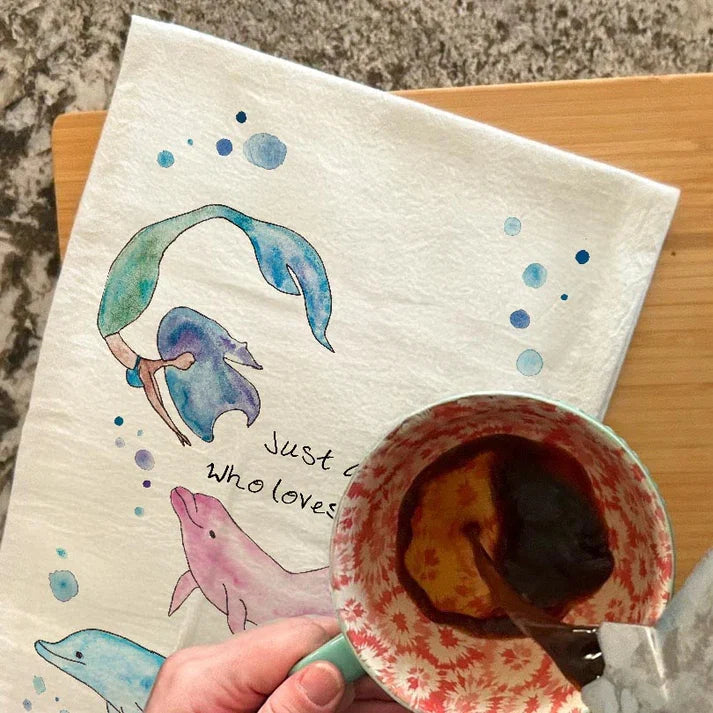 Mermaid and Dolphins dish towel, 27x27 flour sack cotton