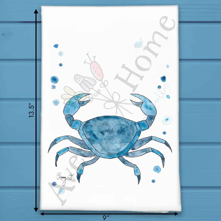 Navy Stone Crab flour sack dish towel, art by Avery Jackson