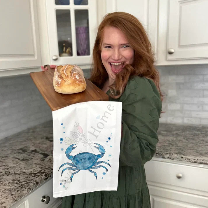 Navy Stone Crab dish towel design detail