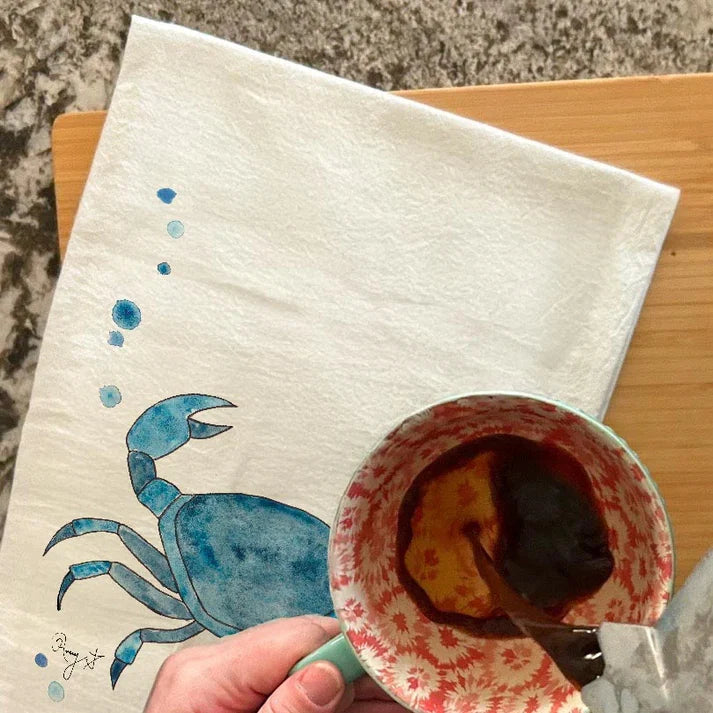Navy Stone Crab dish towel, 27x27 flour sack cotton
