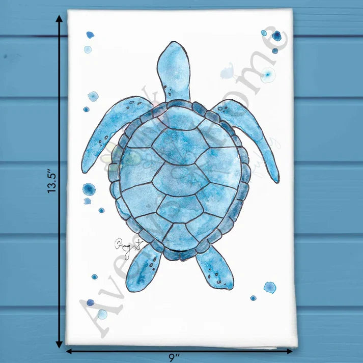 Navy Sea Turtle flour sack dish towel, art by Avery Jackson