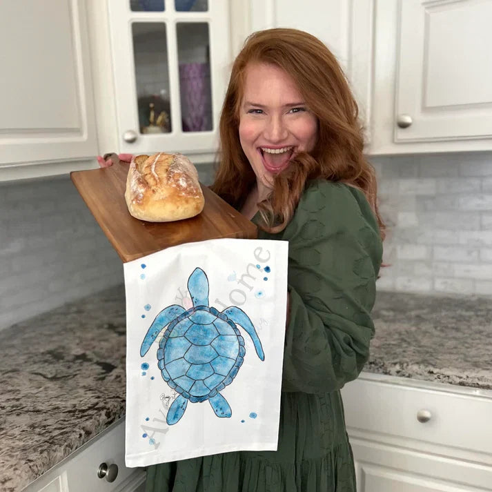 Navy Sea Turtle dish towel design detail