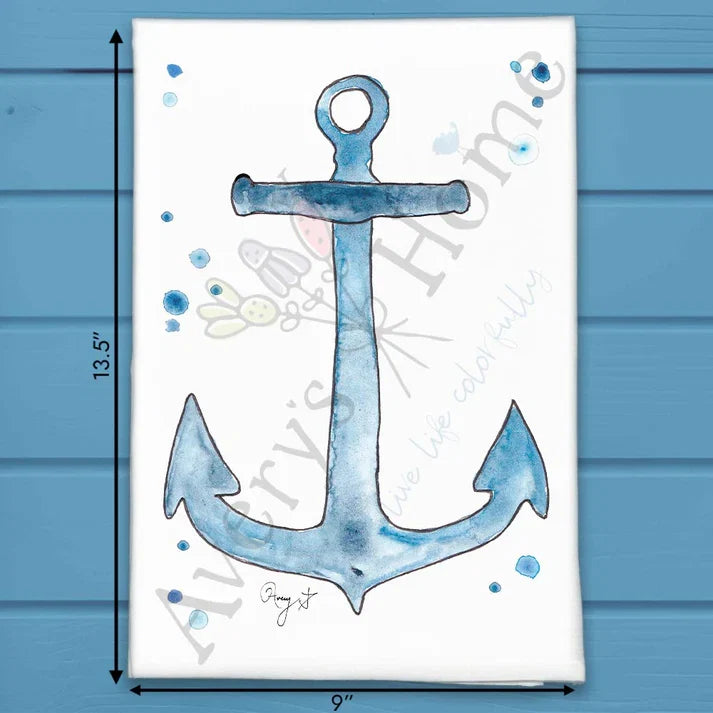 Navy Anchor flour sack dish towel, art by Avery Jackson