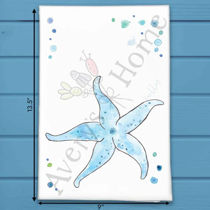 Starfish flour sack dish towel, art by Avery Jackson